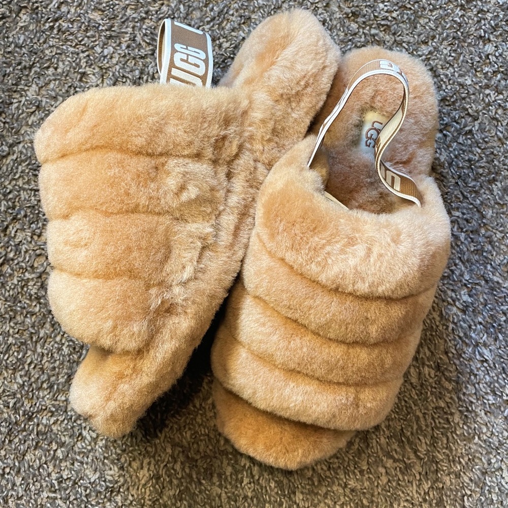 Ugg fluff slides - tan, size 9, never worn